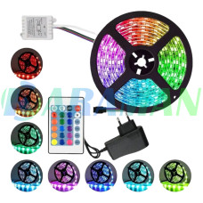Самоклеюча світлодіодна LED стрічка RGB 5050 вологостійка з пультом керуванням та блоком живлення Комплект 5 метрів 16 кольорів