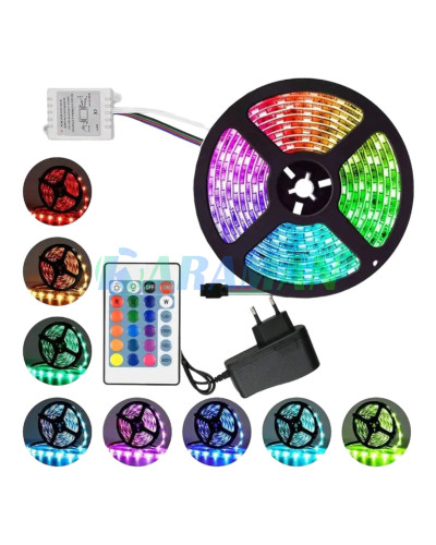 Самоклеюча світлодіодна LED стрічка RGB 5050 вологостійка з пультом керуванням та блоком живлення Комплект 5 метрів 16 кольорів