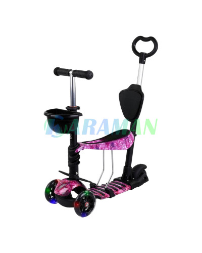 Триколісний дитячий самокат Scooter 5 в 1 "Рожевий космос" з сидінням,батьківською ручкою і кошиком 1+