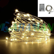 Гірлянда Роса 5м , дрот на батарейках+ USB: 50 LED , Теплий білий