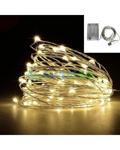 Гірлянда Роса 5м , дрот на батарейках+ USB: 50 LED , Теплий білий