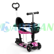 Триколісний дитячий самокат Scooter 5 в 1 "Рожевий Космос" з сидінням,бортиком, батьківською ручкою і кошиком 1+