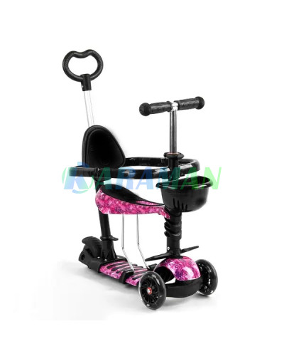 Триколісний дитячий самокат Scooter 5 в 1 "Рожевий Космос" з сидінням,бортиком, батьківською ручкою і кошиком 1+