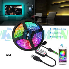 Яскрава та стильна світлодіодна стрічка 5м 5050 RGB - 16 кольорів, IP65, 55 люмен,  від USB 5V з Додатком для телефону (1ящ.=100шт.)