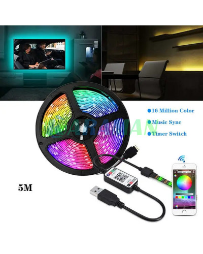 Яскрава та стильна світлодіодна стрічка 5м 5050 RGB - 16 кольорів, IP65, 55 люмен,  від USB 5V з Додатком для телефону (1ящ.=100шт.)