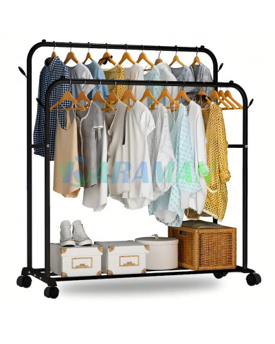 Подвійна стійка на колесах - вішалка для одягу Double floor Hanger з полицею для взуття 143х96х42 см Black MA480 (1ящ.=12шт.)