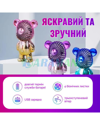  Ручний портативний вентилятор іграшка дитячий usb міні у формі ведмедя на акумуляторі безшумний D128 (1ящ.=144шт.)