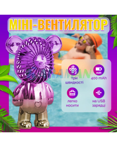  Ручний портативний вентилятор іграшка дитячий usb міні у формі ведмедя на акумуляторі безшумний D128 (1ящ.=144шт.)