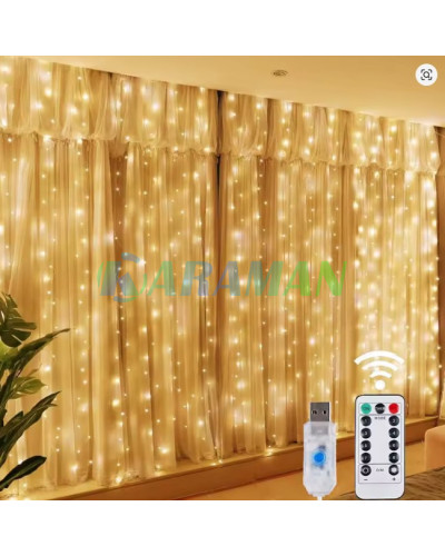 Гірлянда штора "Завіса" 3*3 м з 300 LED-лампами USB з пультом, тепле біле світло. MA742warmwhite (1 ящик = 100 шт)