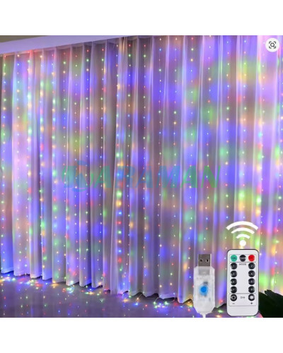 Гірлянда штора "Завіса" 3*6 м 600 LED USB з пультом, мультік(різнокольорова). MA743multi (1 ящик = 100 шт)