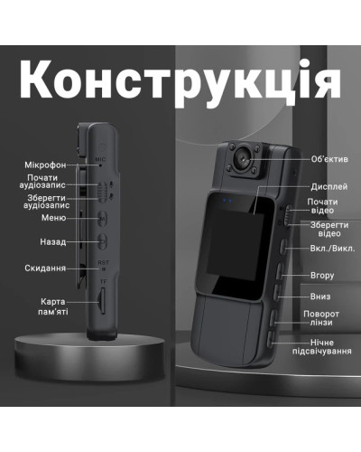 Нагрудна боді-камера з дисплеєм 1,54 дюйма, датчик руху, акумулятор 1000 мАг KAR62 (1 ящик = 50 шт.)