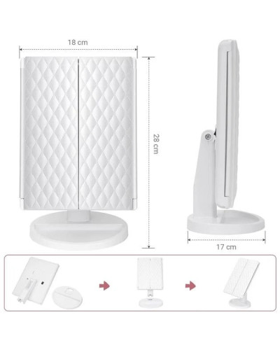 Тройное LED-зеркало для макияжа аккумуляторное, складное, с подсветкой, белое KAR193 (1 ящ. = 30 шт.)