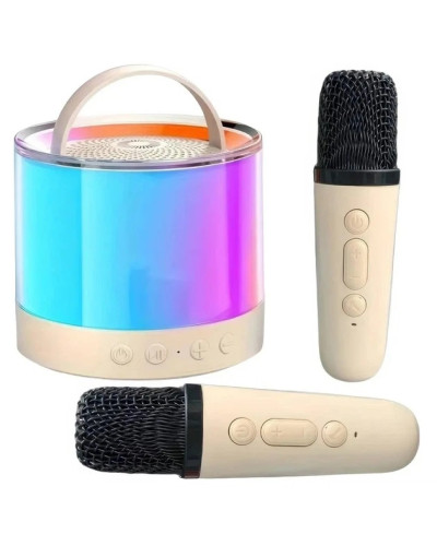 Колонка портативная с Bluetooth и 2 караоке микрофонами RGB подсветка Бежевый KAR201 (1 ящ. = 40 шт.)